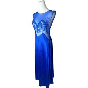 Vintage ValMode Sheer Saphire Blue Nightgown– mesh , Deep V Back – S 133 boudoir